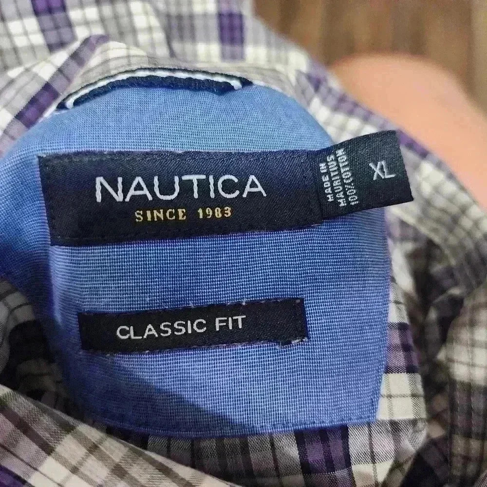 NAUTICA Shirt Mens XL Purple Gray Plaid Button Up Long Sleeve Classic Fit - Picture 4 of 6